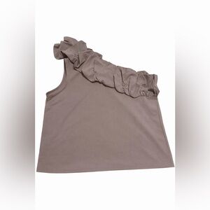 Express Sz L One-Shoulder Ruffle Tank Top in Taupe